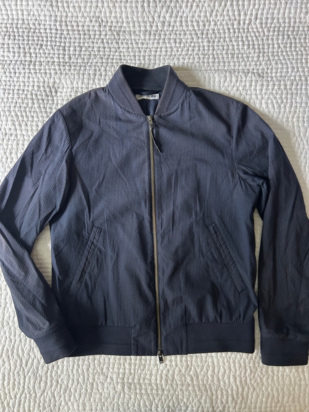 JW ANDERSON Navy Textured Seersucker Zip Bomber